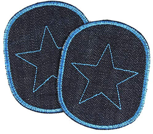 Hosenflicken 10 x 8cm Bio Jeans mit Stern blau auf dunkelblau 2 Knieflicken Aufbügler für Kinder zum aufbügeln