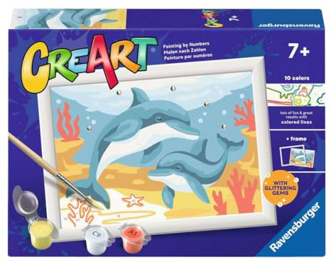 Ravensburger CreArt Serie E – glücklicher Delfin | Malen nach Zahlen | Malset | Maße 13,20 x 9,50 cm | Spiele für Kinder 7 Jahre | Geschenkideen | Geschenk für Kinder 7 Jahre
