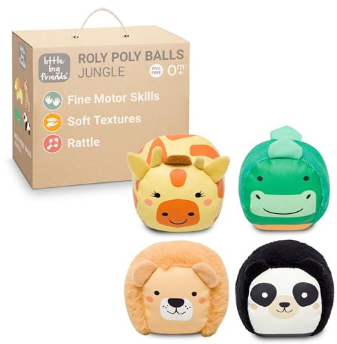 Little Big Friends Les balles Doudous Set de 4 balles Jouet Sensoriel pour bébé | Thème Jungle