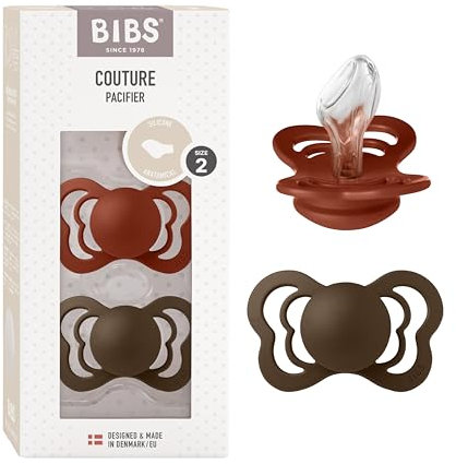 BIBS Couture Soother 2-Pack, BPA Free Dummy Pacifier, Anatomical Nipple. Silicone, Size 2 (6-18 Months), Rust/Mocha