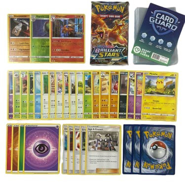 Pok Lot de 50 Cartes Pokemon sans Doubles + 1 Pokemon Booster aléatoire + 2 Cartes Brillantes Cadeau + 1 Cartes Rare! + 100 Heartforcards® Card Guard Sleeves