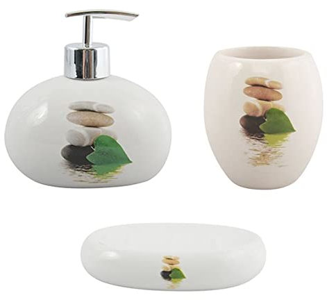 MSV Bad Accessoires Keramik 3-teilig - Seifenspender, Seifenschale, Zahnputzbecher Lingga Weis