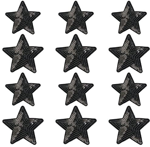 Liitata Stars Sequin Appliques Shiny Embroidered Patches Sew On Iron On Patches for Clothes Jackets Dress Jeans Hats Shoes Backpacks DIY Accessory - 12 Pcs Black 2 Sizes