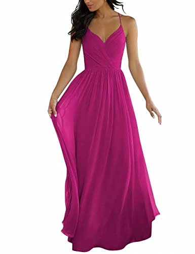 Vestidos de gasa para dama de honor para mujer, acampanados, con abertura, largo, para fiesta de graduación, fiesta de graduación, vestido de cóctel con mangas para jóvenes, fucsia, 42