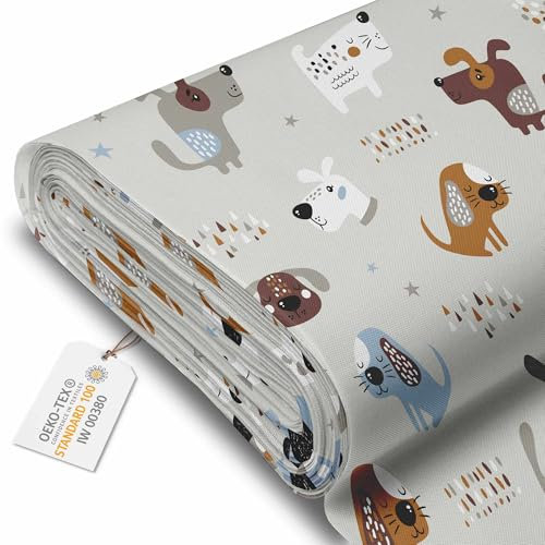DreamRoots Segeltuch Wasserdicht - Polsterstoff Meterware 160 cm breit - Wasserabweisender Stoff 220 g/m2 600D - Markisenstoff Wasserdicht Meterware Funny Dogs Laufmeter