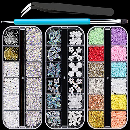 Mixed 3D Nail Art Gem Decoration Accessories Kit #1, rhinestones pearls bead flowers butterfly bear stones with pickup pencil and tweezer