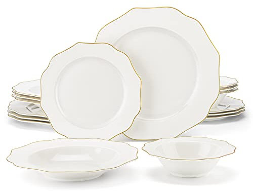 MALACASA Geschirrset für 4, 16-teiliges Bone China Tafelservice Serie Lotus, Rundes weißes Kombiservice mit goldenem Rand, mit Speiseteller, Dessertteller, Suppenteller und Müslischale je 4