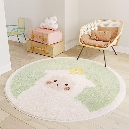 iyoimono Rund Teppich Grünes Schaf Teppich für Wohnzimmer Kinderzimmer Teppich 100 cm Runder Beige Outdoor Teppiche Kinderteppich Dekorative Kurzer Plüsch Teppich Runder Fußmatte