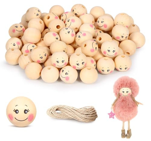 AXNSATRE Holzperlen mit Gesicht 20mm 120 Stück - Holzkugeln mit Loch Natur, mit 10m Hemp Cord, Holzperlen zum Auffädeln, Round Wooden Beads with Smiling Face für Diy, Perlen Basteln
