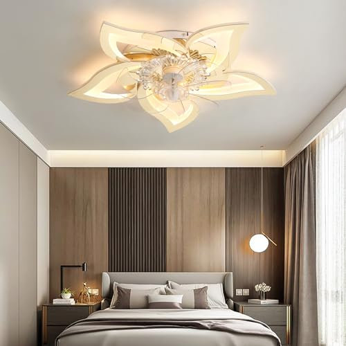 YFouCnd I Deckenventilator Mit Beleuchtung Und Fernbedienung Leise LED Deckenventilator Mit Licht Dimmbar 6 Geschwindigkeit Und APP Timer Lampe Mit Ventilator Für Wohnzimmer Schlafzimmer-Chrome gold