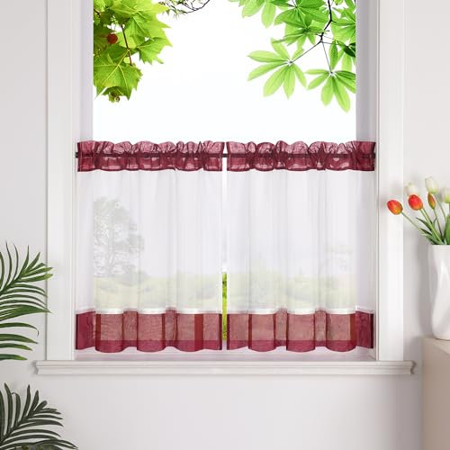 HeichkelL Scheibengardinen mit Streifen Küche Kurzstores Leinenoptik Bistrogardine Kleinfenster Gardine Rot mit Tunnelzug HxB 45x120cm 1 Stück