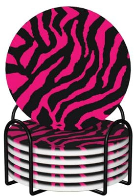 Round Shape Ceramic Coaster Set of 6 Zebra Tiger Leopard Pink Prints : Non-Slip Cork Bottom Fits All Coffee Cups Glasses and Mugs â€‹