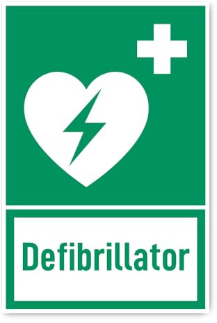 Aufkleber: 300x200 mm, 1 Stück - Automatisierter Externer Defibrillator (AED) - Rettungszeichen mit Text (deutsch) (grün/weiß) - hochkant - E010 - DIN EN ISO 7010 / ASR A1.3