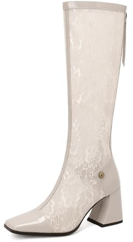 Roimaash Moda Donna Pizzo Stivali Estivi Knee High Block Heels Square Toe Stivali Lunghi Zip Sposa Festa Dress Scarpe Embroidery Patent Apricot Size 42