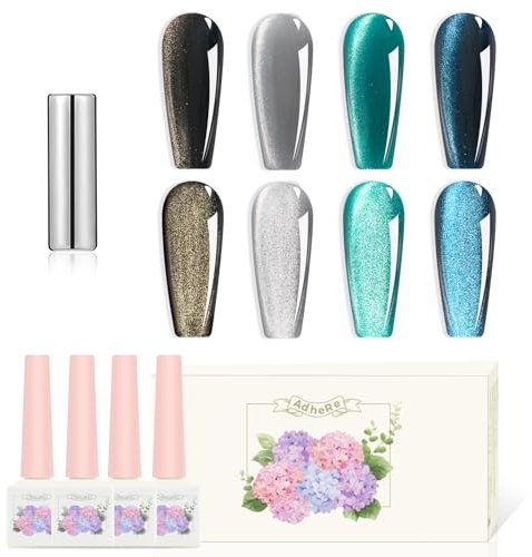 Adhere 12ml 4 Colors Cat Eye Nail Polish Gel Kit - Magnetic Silver Black Blue Glitter Gel Polish Cat Eye Gel Nail Polish Soak Off Magnetic Varnish