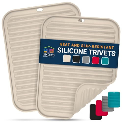 Silicone Trivets for Hot Pans and Pots (2 Pack) - Multipurpose Silicone Heat Resistant Mat and Pot Holder Trivet (30 x 23cm) - Heatproof Mats for Kitchen by Linda's Essentials (Beige)