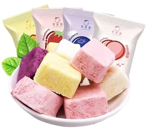 Freeze dried fruit yogurt cubes, Strawberry blueberry yellow peach white peach flavor soft candy, Fruit milk candy, Breakfast, Dim sum, Dessert, Coarse grains, Casual snacks (Strawberry,10pcs)
