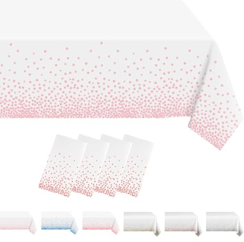 MORAINJAY 4 pz Bianco Tovaglia a Pois in Rosa,Antimacchia Impermeabile Feste Tovaglia in Plastica,137x274cm Rettangolare Tovaglia per Natalizia Party,Interni Esterni Giardino Ristorante Decor