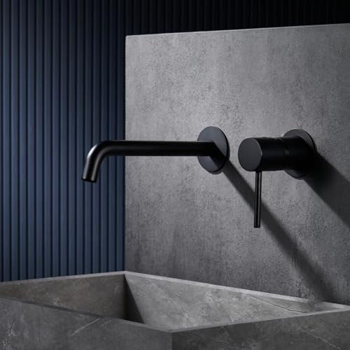 IMEX - Grifo Lavabo Negro Empotrado | Grifo Empotrado Baño con Agua Fria y Caliente | Grifo Monomando Lavabo Pared con Ahorro de Agua | Serie Monza | Color Negro Mate