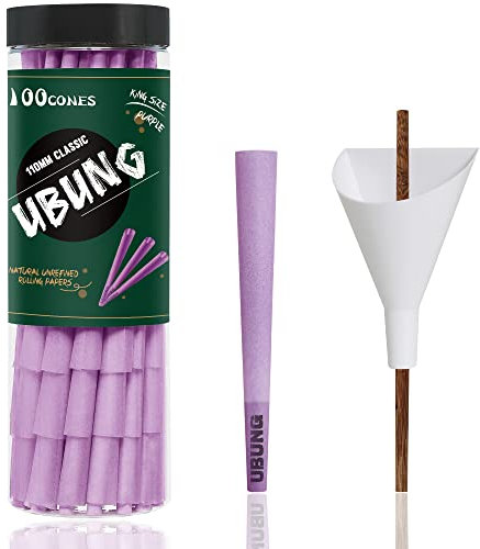 UBUNG 100 Stück Große Größe Lila Konisch vorgedrehte Hülsen, King Size 108 mm Konisch Papiers Hülsen, Einschließlich 1 Trichterlader und 1 Putter für Verpackungen