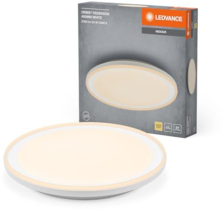 LEDVANCE ORBIS Pederson LED-Deckenleuchte mit Plastikring, weiß, 24W, 1450lm, 3000K, 830 freundliches Warmweiß, 450mm Durchmesser, IP20 Schutz, Montageschrauben und Dübel inklusive