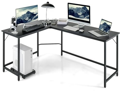 SFAREST L-Shaped Computer Desk, 168 x 125 x 75cm Wooden Corner PC Laptop Table with CPU Stand, Industrial 2-Person Working Study Table Writing Workstation for Home Office (Black)