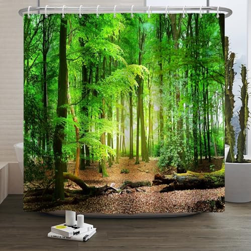 Xiaoterna Frühling Duschvorhang Naturlandschaft 3D Landschaften Badezimmer Vorhang Laubwald Badvorhang Tropischer Regenwald Duschvorhang Maschinenwaschbar Wasserdichter Stoff 120x200cm