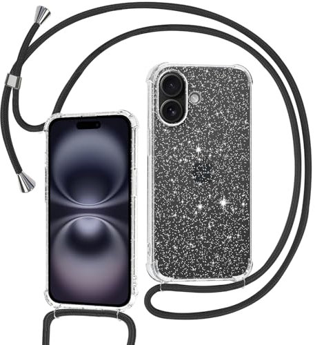 Tikgue Coque pour iPhone 16 avec Cordon, Collier Coque Glitter Transparent Paillettes Etui TPU Bumper Silicone Case avec Chaîne Lanière Housse - Le Noir