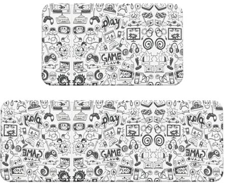 JEJEA Monochrome Sketch Style Gaming Print Kitchen Rugs And Mats Sets,2 Pcs Absorbent Non-Slip Rug,Farmhouse Chef Mats,For Floor Office