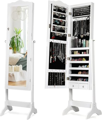 GOPLUS Armoire à Bijoux avec Miroir, 2 en 1 Armoire a Bijoux sur Pied avec 4 Angles Réglables, 14 Lumières LED, 6 Étagères, Meuble Bijoux Verrouillable en Bois pour Femmes et Filles (Blanc)