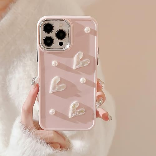 LSOUGUK Compatible with iPhone 16 Case for Girls Women,Cute 3D Love Heart Pearl Design Protection Case Slim Soft TPU Shockproof Protective Cover for iPhone 16-Pink