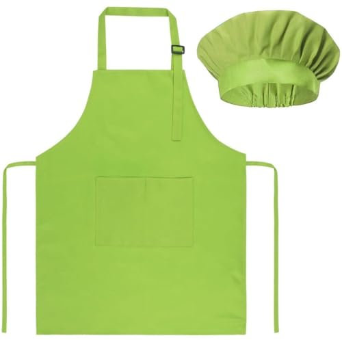PNPGDYKR Delantal Niña Niño, Delantal Infantil, Delantal infantil y gorro de cocinero ajustable con 2 bolsillos, gorro de cocinero y delantal para cocinar, hornear y pintar