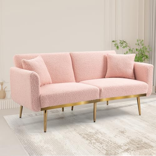 A ALFRESCOOL Modernes Doppelsofa für das Wohnzimmer, Doppelsofa mit Kissen, Samtsofa mit Verstellbarer Rückenlehne, bequemes Schlafsofa mit Polsterung und Metallfüßen für kleine Räume (Farbe Rosa)