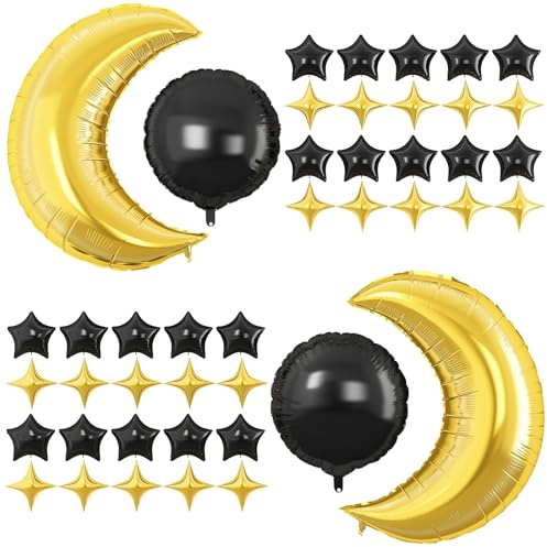 Stern Luftballons Schwarz,44PCS Große Mond Schwarz Luftballons,Stern Folienballons Schwarz, Schwarz Star Foil Balloons,Helium Ballon Stern für Geburtstag Babyparty Jubiläum Hochzeit Dekoration