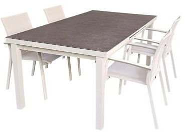 ZENIT ENERGY 5-TLG. Alu Gartenmöbel Set Esstischgruppe weiß ausziehbarer Tisch mit stapelbaren Stühlen