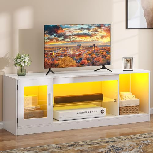 DWVO 148cm TV Stand Cabinet with 7 RGB LED Lights 22 Modes for TVs up to 65 inch – Adjustable Glass Shelves, Entertainment Centre for Living Room, Bedroom White