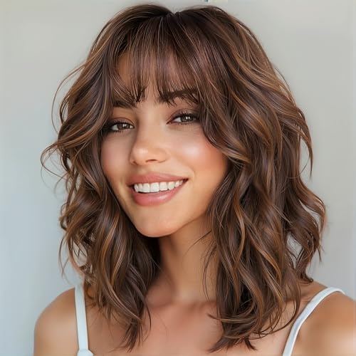 WIGNEE Perruque Blonde Femme Carré Avec Frange Bouclée Wigs for Women | Ombré Blond/Mèches, Ondulé, Bouclé, Pour Femmes, Pour Une Utilisation Quotidienne Ou En Soirée, 30 Cm (12 Pouces)