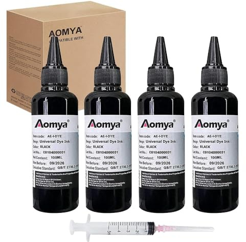 4 Bottles Black Dye Ink Refillable Universal Printer Ink Cartridges 400ml Refill Ink Replacement for HP Canon Epsn Lexmark Brother CISS CIS System,100ml x 4, with Free Syringe