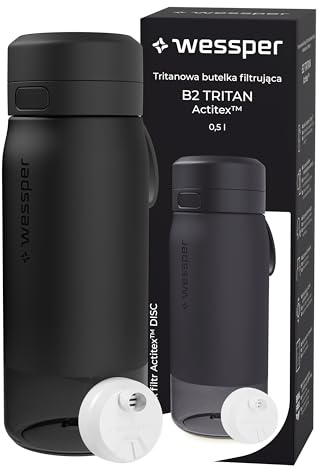 Wessper Gourde Filtrante en Tritan, 500 ml, Bouteille d'eau avce Filtre Actitex Disc, Réduit le Chlore, Compteur de Remplacement du Filtre a eau, Bouteille sans BPA - Noir