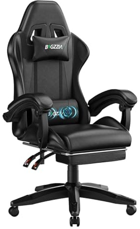 Racingreat Gaming Chair mit Massagefunktion und Fußstütze (Schwarz) | PC Stuhl Massage Footrests, PU-Leder, 90°–135° Neigungswinkel und Höhenverstellbar, Junge Erwachsene Gamer Büro Pause