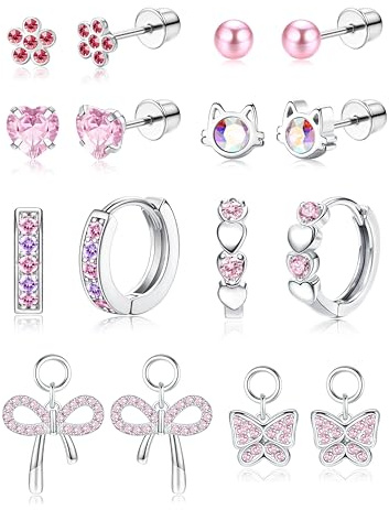 KRFY 6-8 Paia Orecchini Donna Acciaio Inossidabile Set Orecchini Bambina Anallergici con Chiusura a Vite Cerchio Piccoli Multicolore CZ Cuore Farfalla Fiore Perla Imitazione Regalo Bambina Ragazza