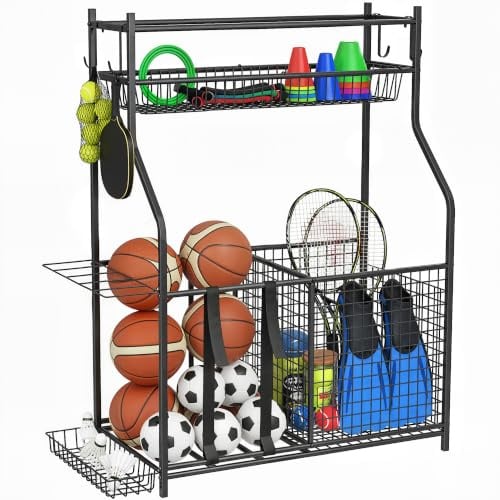 SPORTNOW Rangement d'Équipements de Sport pour Balles avec Paniers Noir | Organisateur d'Équipements de Sport, pour Jouets, Crochets Amovibles, Sangles Élastiques, Intérieur, Extérieur