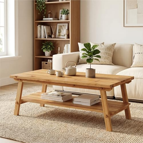 TRIBEWOOD Solid Wood Coffee Table with Storage, 120cm Farmhouse Rustic Centre Table, 2-Tier Rectangular Wooden Tea Table for Living Room and Lounge, Natural Wood