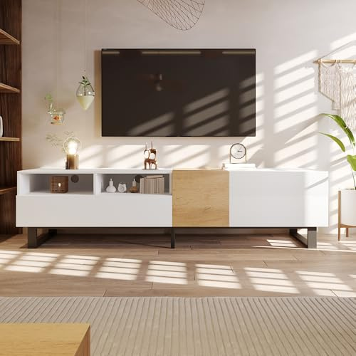 BTM Modern TV Cabinet, White and Wood Look, 180 x 50 x 38 cm, Minimalist Design, White