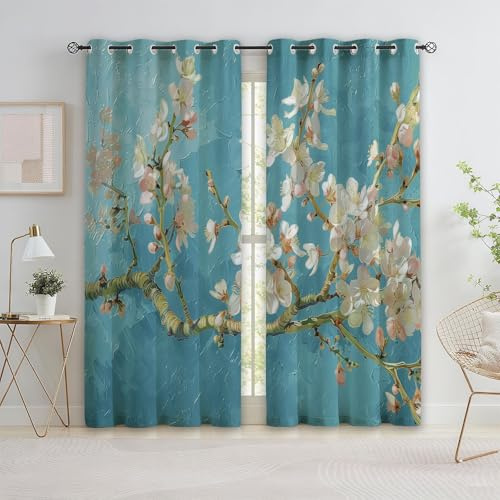 Blumenmuster Orientalisch Ölgemälde Gardinen Blickdichte Energiespar Thermo Vorhänge mit Ösen Weich Schiebevorhänge Wohnzimmer Schlafzimmer Verdunklungsvorhänge 2er Set H 214 x B 91.5 cm Hellblau