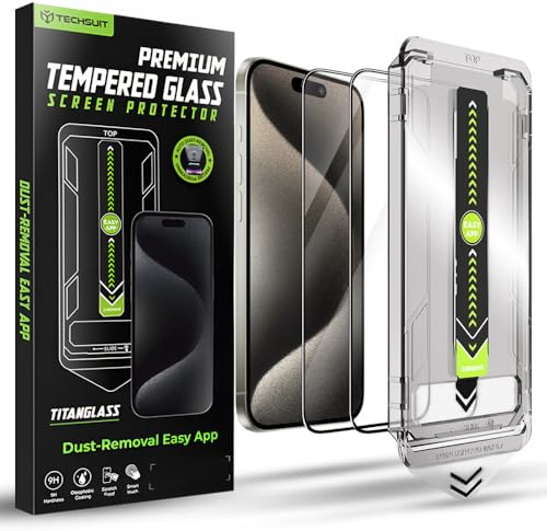 Techsuit Displayschutzfolie 2er Pack für iPhone 15 Pro Max Gehärtetes Glas mit Vollständige Abdeckung, HD Klarheit, Stoßschutz, Oleophobe Beschichtung, TitanGlass FullCover