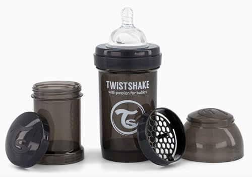 Twistshake Anti-Kolik Babyflasche mit Milchpulverbehälter und Mixer - 180 ml | Langsam Fließende, Brustähnliche Brustwarze aus Silikon | BPA-freie | Geeignet für Neugeborene (0+) | Schwarz