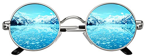CGID Retro Vintage Sonnenbrille, inspiriert von John Lennon, polarisiert mit rundem Metallrahmen, für Frauen und Männer E01, B 47mm Silber Blau, 47