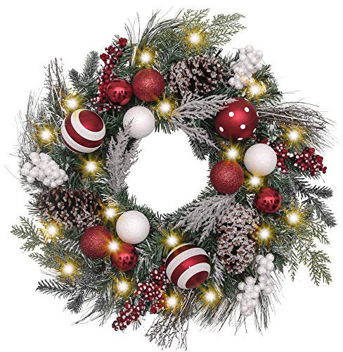 Valery Madelyn 61 cm beleuchteter Weihnachtskranz für Haustür mit Lichtern, großer beleuchteter Weihnachtskranz mit rot-weißer Weihnachtskugel für Kamin, Fenster, Außenbereich, Tischdekoration,