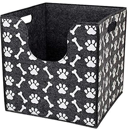 Bins & Things Foldable Dog Toy Box - 14 x 14 x 14 Inches, Thick Felt with Cute Dog Paws and Bones Prints, Curved Cutout